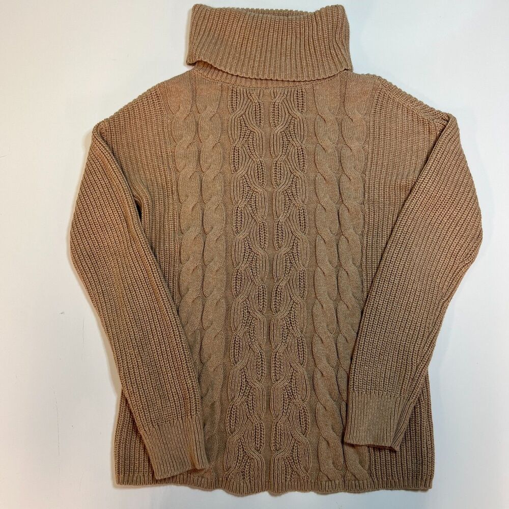 Gap Womens Chunky Cable Knit Turtleneck Sweater XXS Camel Tan Cotton Pullover